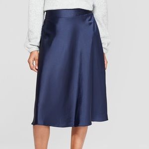 A new day navy satin midi skirt